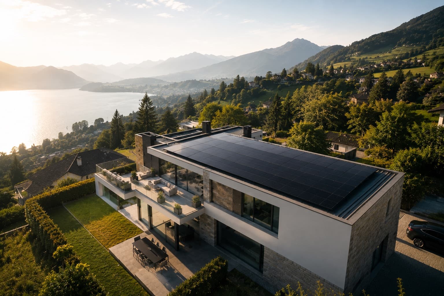 Vue aérienne d’une villa équipée de panneaux photovoltaïques en toiture, vue lac